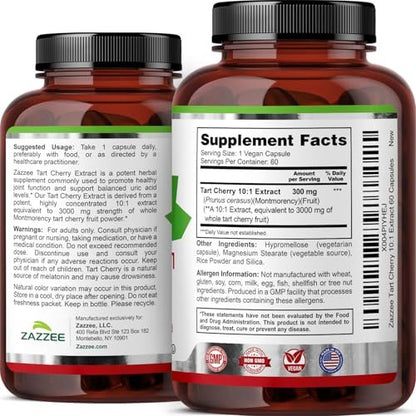 Zazzee Sauerkirsch 10:1 Extrakt, 60 vegane Kapseln, 2-Monats-Vorrat, Montmorency-Kirsche, koscher zertifiziert, Gelenk- & Harnsäureunterstützung, Antioxidantien-Formel, Non-GMO, hergestellt in den USA