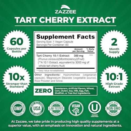 Zazzee Sauerkirsch 10:1 Extrakt, 60 vegane Kapseln, 2-Monats-Vorrat, Montmorency-Kirsche, koscher zertifiziert, Gelenk- & Harnsäureunterstützung, Antioxidantien-Formel, Non-GMO, hergestellt in den USA