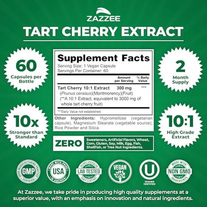 Zazzee Sauerkirsch 10:1 Extrakt, 60 vegane Kapseln, 2-Monats-Vorrat, Montmorency-Kirsche, koscher zertifiziert, Gelenk- & Harnsäureunterstützung, Antioxidantien-Formel, Non-GMO, hergestellt in den USA