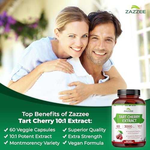 Zazzee Sauerkirsch 10:1 Extrakt, 60 vegane Kapseln, 2-Monats-Vorrat, Montmorency-Kirsche, koscher zertifiziert, Gelenk- & Harnsäureunterstützung, Antioxidantien-Formel, Non-GMO, hergestellt in den USA