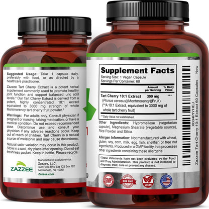 Zazzee Sauerkirsch 10:1 Extrakt, 60 vegane Kapseln, 2-Monats-Vorrat, Montmorency-Kirsche, koscher zertifiziert, Gelenk- & Harnsäureunterstützung, Antioxidantien-Formel, Non-GMO, hergestellt in den USA
