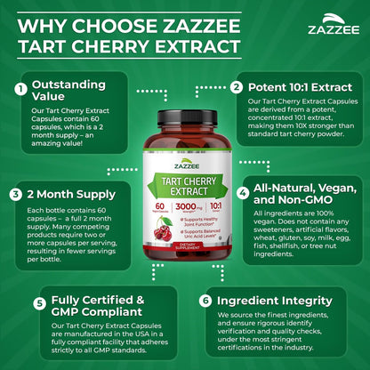 Zazzee Sauerkirsch 10:1 Extrakt, 60 vegane Kapseln, 2-Monats-Vorrat, Montmorency-Kirsche, koscher zertifiziert, Gelenk- & Harnsäureunterstützung, Antioxidantien-Formel, Non-GMO, hergestellt in den USA