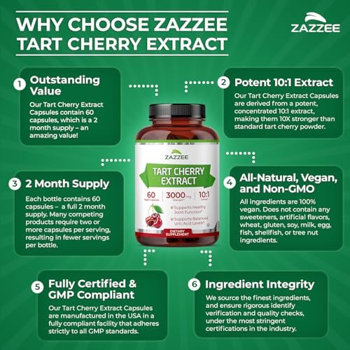 Zazzee Sauerkirsch 10:1 Extrakt, 60 vegane Kapseln, 2-Monats-Vorrat, Montmorency-Kirsche, koscher zertifiziert, Gelenk- & Harnsäureunterstützung, Antioxidantien-Formel, Non-GMO, hergestellt in den USA