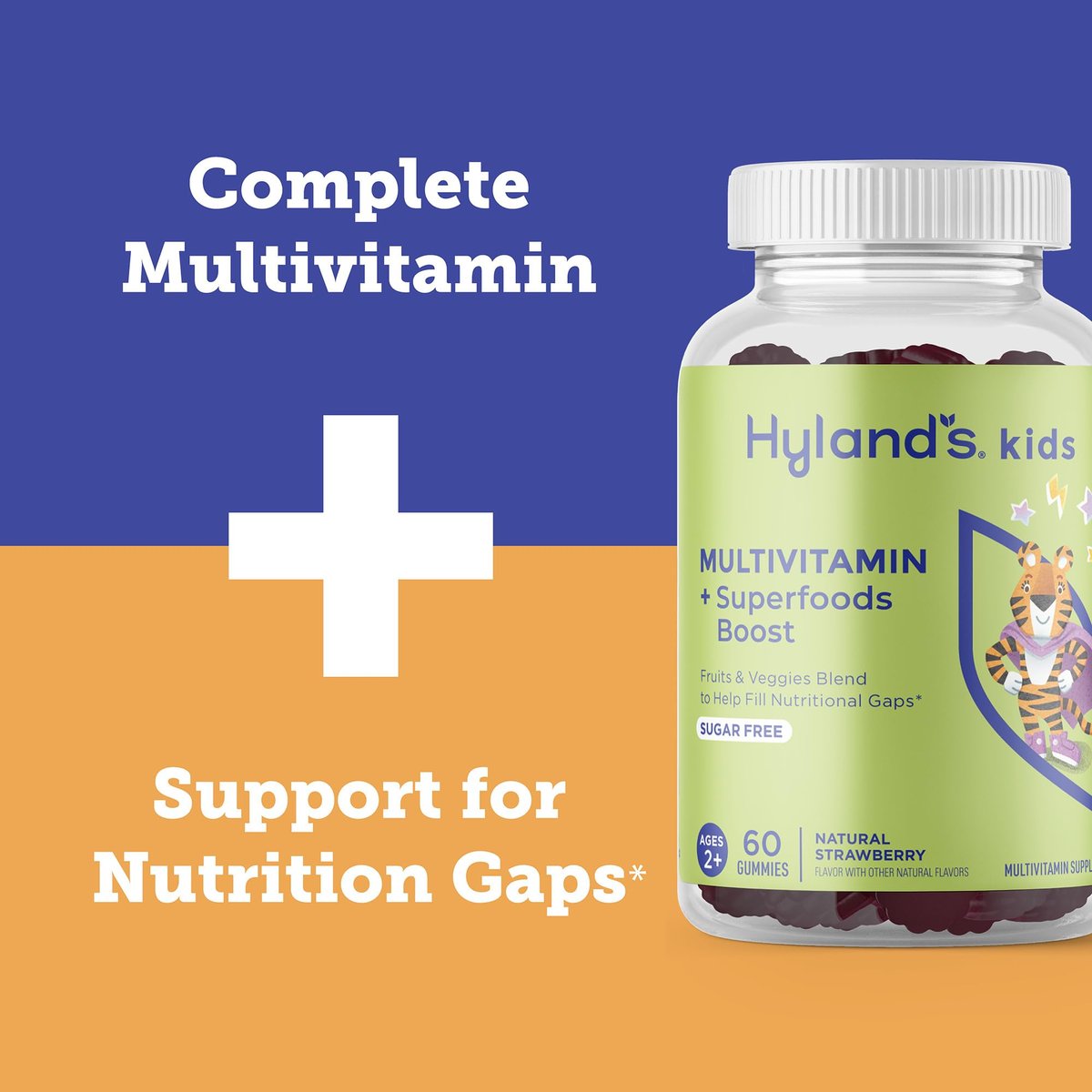 Hyland's Kids Multivitamin + Superfoods Boost, zuckerfreie Erdbeer-Gummibärchen mit Obst- und Gemüsemischung, 60 Stück