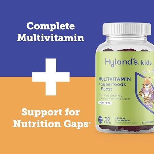 Hyland's Kids Multivitamin + Superfoods Boost, zuckerfreie Erdbeer-Gummibärchen mit Obst- und Gemüsemischung, 60 Stück