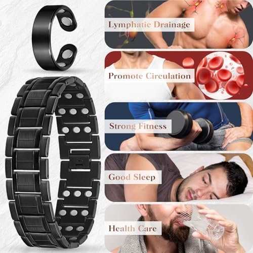 Mahnco Kupferarmband für Herren mit dreireihigen starken Magneten, magnetisches Armband & Lymphdrainage-Ringset mit verstellbarem Größenwerkzeug, magnetischer Schmuck (Schwarz)