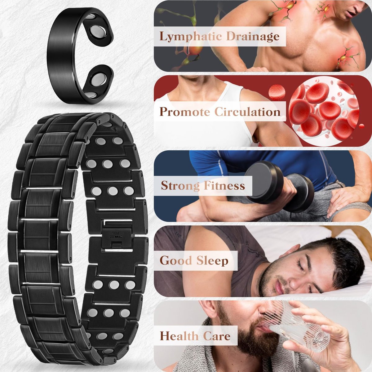 Mahnco Kupferarmband für Herren mit dreireihigen starken Magneten, magnetisches Armband & Lymphdrainage-Ringset mit verstellbarem Größenwerkzeug, magnetischer Schmuck (Schwarz)