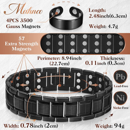 Mahnco Kupferarmband für Herren mit dreireihigen starken Magneten, magnetisches Armband & Lymphdrainage-Ringset mit verstellbarem Größenwerkzeug, magnetischer Schmuck (Schwarz)