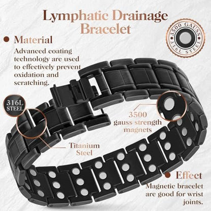 Mahnco Kupferarmband für Herren mit dreireihigen starken Magneten, magnetisches Armband & Lymphdrainage-Ringset mit verstellbarem Größenwerkzeug, magnetischer Schmuck (Schwarz)