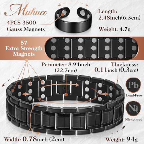 Mahnco Kupferarmband für Herren mit dreireihigen starken Magneten, magnetisches Armband & Lymphdrainage-Ringset mit verstellbarem Größenwerkzeug, magnetischer Schmuck (Schwarz)