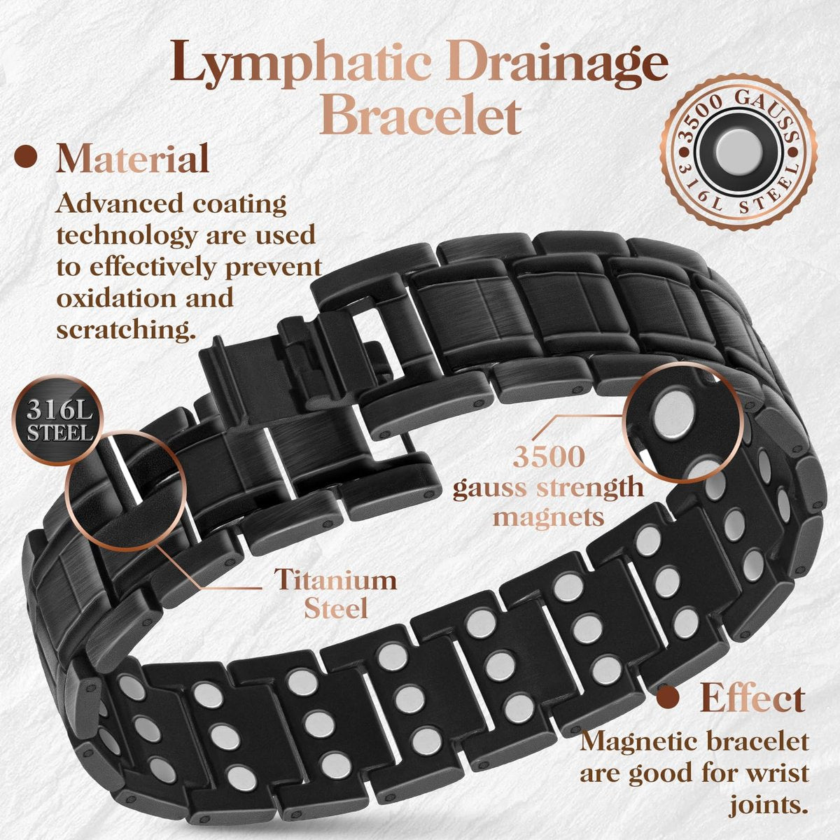 Mahnco Kupferarmband für Herren mit dreireihigen starken Magneten, magnetisches Armband & Lymphdrainage-Ringset mit verstellbarem Größenwerkzeug, magnetischer Schmuck (Schwarz)
