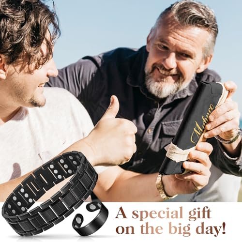 Mahnco Kupferarmband für Herren mit dreireihigen starken Magneten, magnetisches Armband & Lymphdrainage-Ringset mit verstellbarem Größenwerkzeug, magnetischer Schmuck (Schwarz)