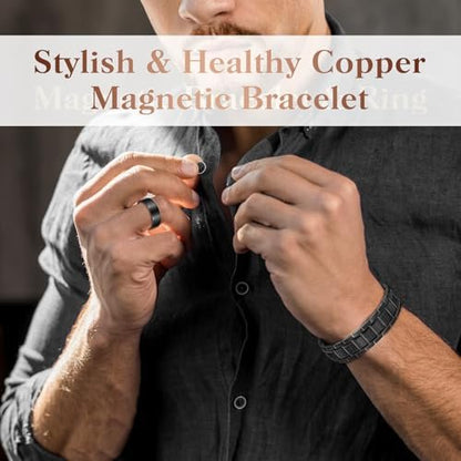 Mahnco Kupferarmband für Herren mit dreireihigen starken Magneten, magnetisches Armband & Lymphdrainage-Ringset mit verstellbarem Größenwerkzeug, magnetischer Schmuck (Schwarz)