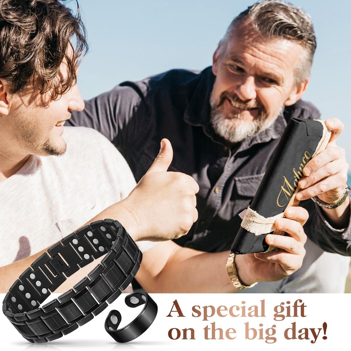Mahnco Kupferarmband für Herren mit dreireihigen starken Magneten, magnetisches Armband & Lymphdrainage-Ringset mit verstellbarem Größenwerkzeug, magnetischer Schmuck (Schwarz)