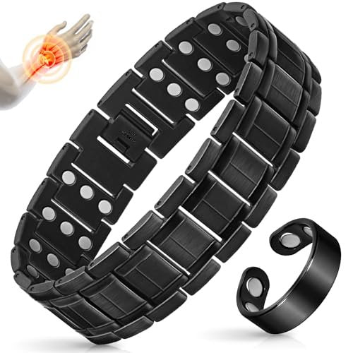 Mahnco Kupferarmband für Herren mit dreireihigen starken Magneten, magnetisches Armband & Lymphdrainage-Ringset mit verstellbarem Größenwerkzeug, magnetischer Schmuck (Schwarz)
