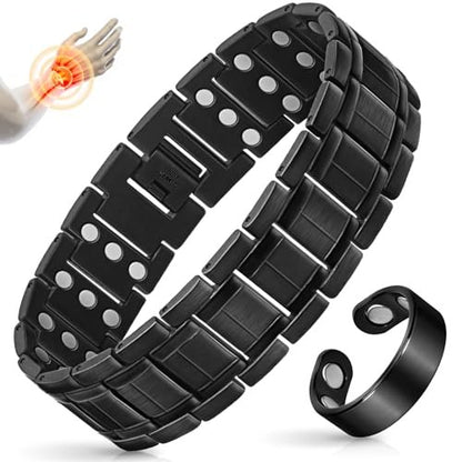 Mahnco Kupferarmband für Herren mit dreireihigen starken Magneten, magnetisches Armband & Lymphdrainage-Ringset mit verstellbarem Größenwerkzeug, magnetischer Schmuck (Schwarz)