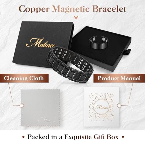 Mahnco Kupferarmband für Herren mit dreireihigen starken Magneten, magnetisches Armband & Lymphdrainage-Ringset mit verstellbarem Größenwerkzeug, magnetischer Schmuck (Schwarz)