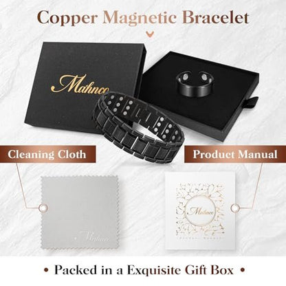 Mahnco Kupferarmband für Herren mit dreireihigen starken Magneten, magnetisches Armband & Lymphdrainage-Ringset mit verstellbarem Größenwerkzeug, magnetischer Schmuck (Schwarz)