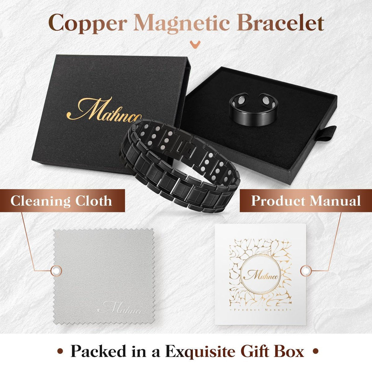 Mahnco Kupferarmband für Herren mit dreireihigen starken Magneten, magnetisches Armband & Lymphdrainage-Ringset mit verstellbarem Größenwerkzeug, magnetischer Schmuck (Schwarz)