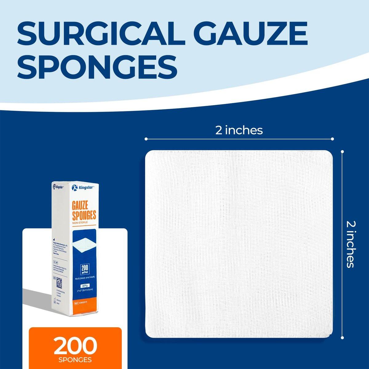 200er-Pack 2x2 Zoll Mullkompressen 8-lagig, 100% Baumwoll-Mullpads zur Wundversorgung, hoch saugfähige, krankenhausgeeignete Erste-Hilfe- und Chirurgieverbände