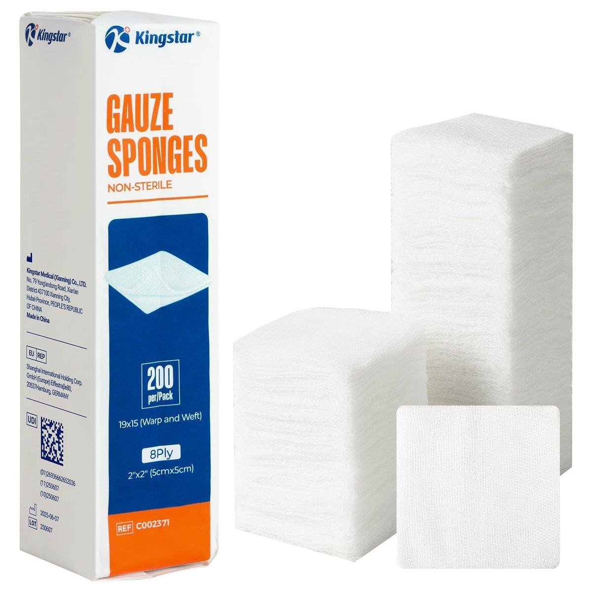 200er-Pack 2x2 Zoll Mullkompressen 8-lagig, 100% Baumwoll-Mullpads zur Wundversorgung, hoch saugfähige, krankenhausgeeignete Erste-Hilfe- und Chirurgieverbände