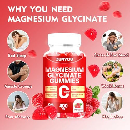 Magnesiumglycinat Gummibärchen 400mg – Zuckerfreie Magnesium Gummis für Schlaf, Muskelunterstützung und Entspannung – Beruhigendes Magnesium für Frauen und Männer, 90 Stück