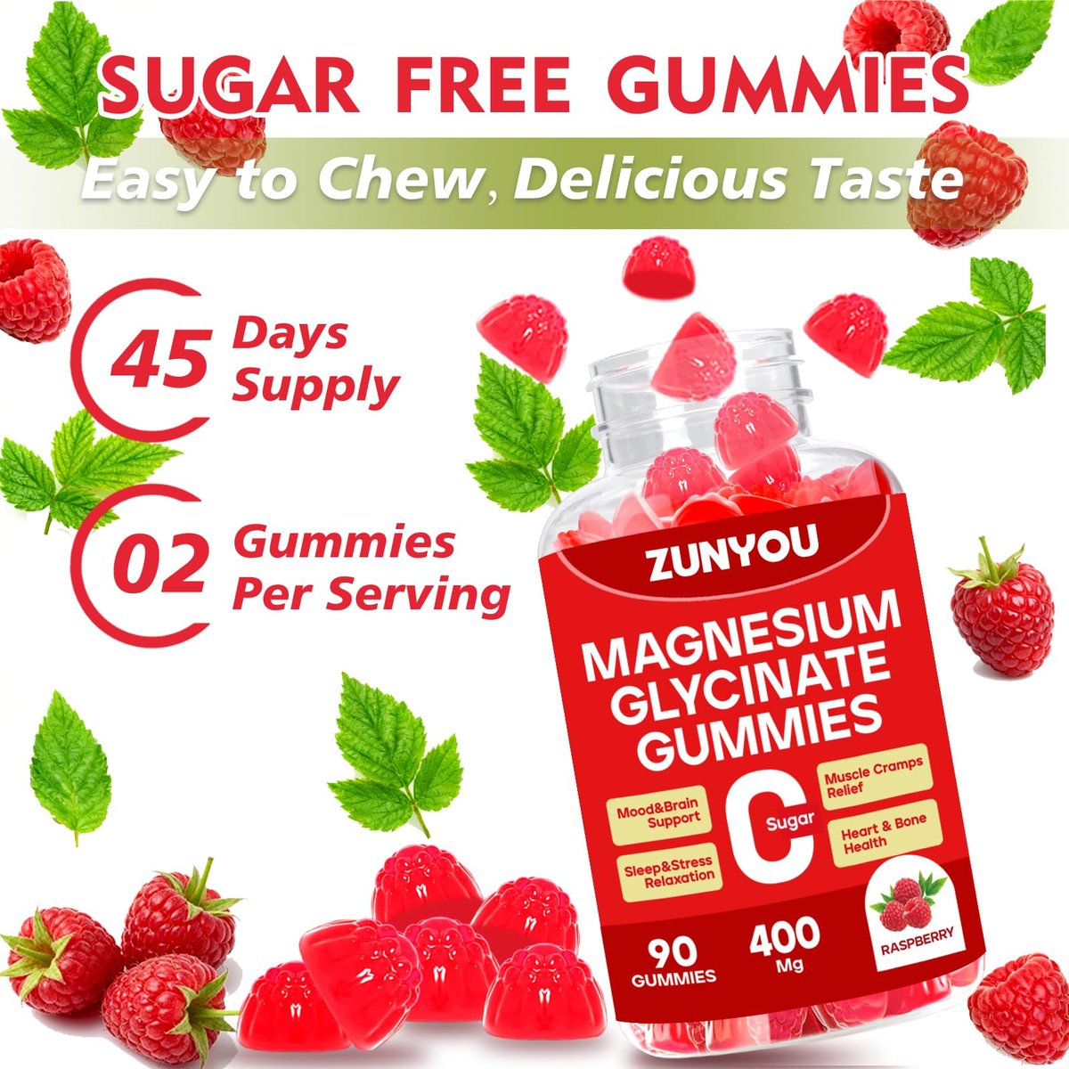 Magnesiumglycinat Gummibärchen 400mg – Zuckerfreie Magnesium Gummis für Schlaf, Muskelunterstützung und Entspannung – Beruhigendes Magnesium für Frauen und Männer, 90 Stück