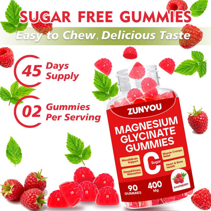 Magnesiumglycinat Gummibärchen 400mg – Zuckerfreie Magnesium Gummis für Schlaf, Muskelunterstützung und Entspannung – Beruhigendes Magnesium für Frauen und Männer, 90 Stück