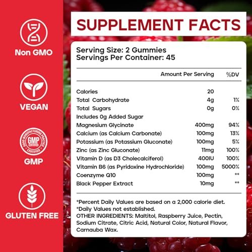 Magnesiumglycinat Gummibärchen 400mg – Zuckerfreie Magnesium Gummis für Schlaf, Muskelunterstützung und Entspannung – Beruhigendes Magnesium für Frauen und Männer, 90 Stück