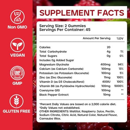 Magnesiumglycinat Gummibärchen 400mg – Zuckerfreie Magnesium Gummis für Schlaf, Muskelunterstützung und Entspannung – Beruhigendes Magnesium für Frauen und Männer, 90 Stück
