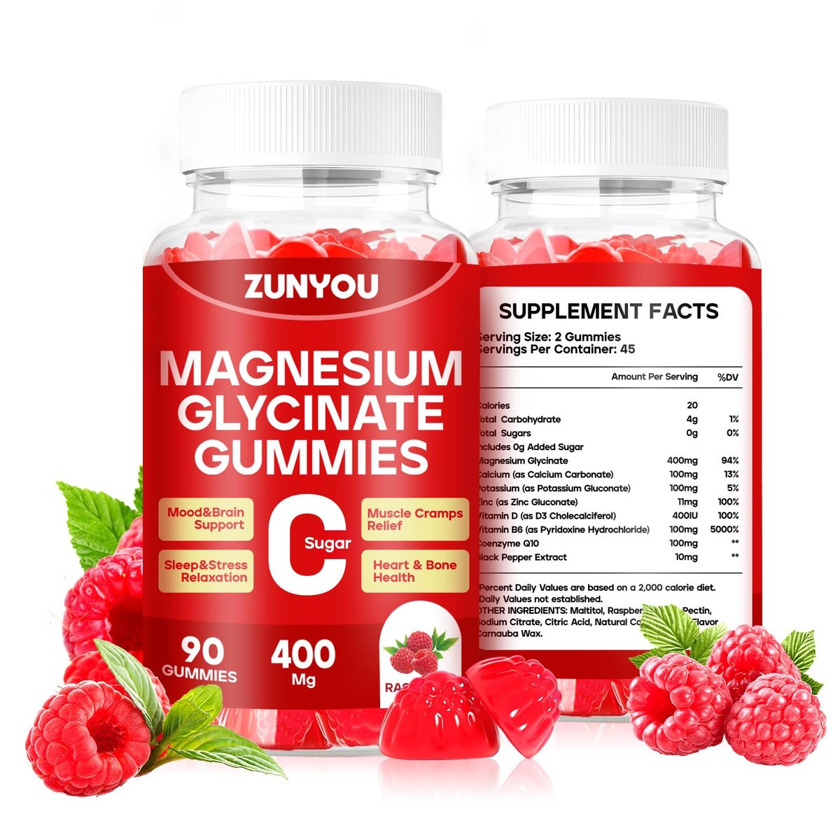 Magnesiumglycinat Gummibärchen 400mg – Zuckerfreie Magnesium Gummis für Schlaf, Muskelunterstützung und Entspannung – Beruhigendes Magnesium für Frauen und Männer, 90 Stück