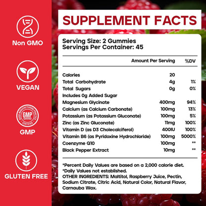 Magnesiumglycinat Gummibärchen 400mg – Zuckerfreie Magnesium Gummis für Schlaf, Muskelunterstützung und Entspannung – Beruhigendes Magnesium für Frauen und Männer, 90 Stück
