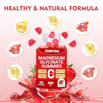 Magnesiumglycinat Gummibärchen 400mg – Zuckerfreie Magnesium Gummis für Schlaf, Muskelunterstützung und Entspannung – Beruhigendes Magnesium für Frauen und Männer, 90 Stück