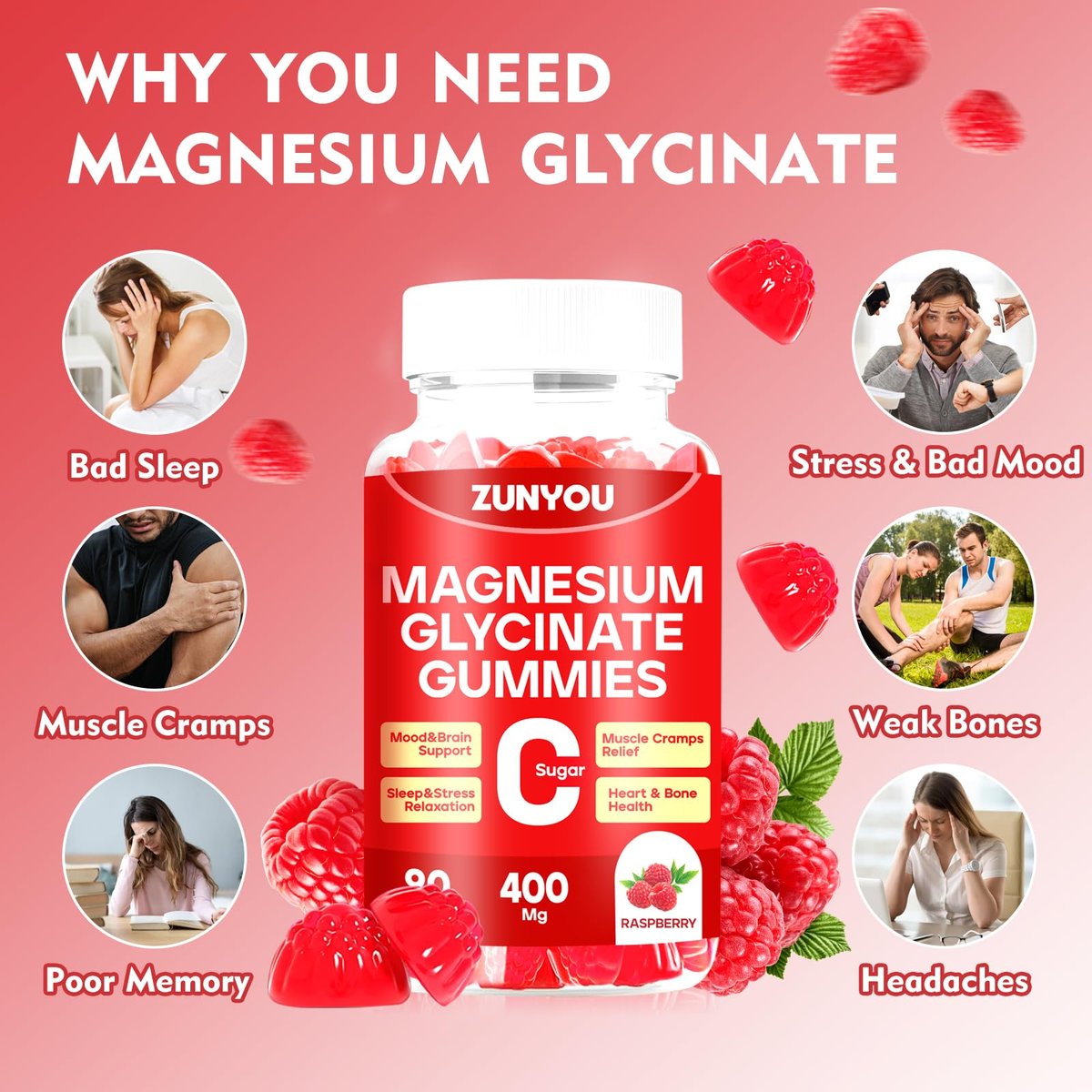 Magnesiumglycinat Gummibärchen 400mg – Zuckerfreie Magnesium Gummis für Schlaf, Muskelunterstützung und Entspannung – Beruhigendes Magnesium für Frauen und Männer, 90 Stück