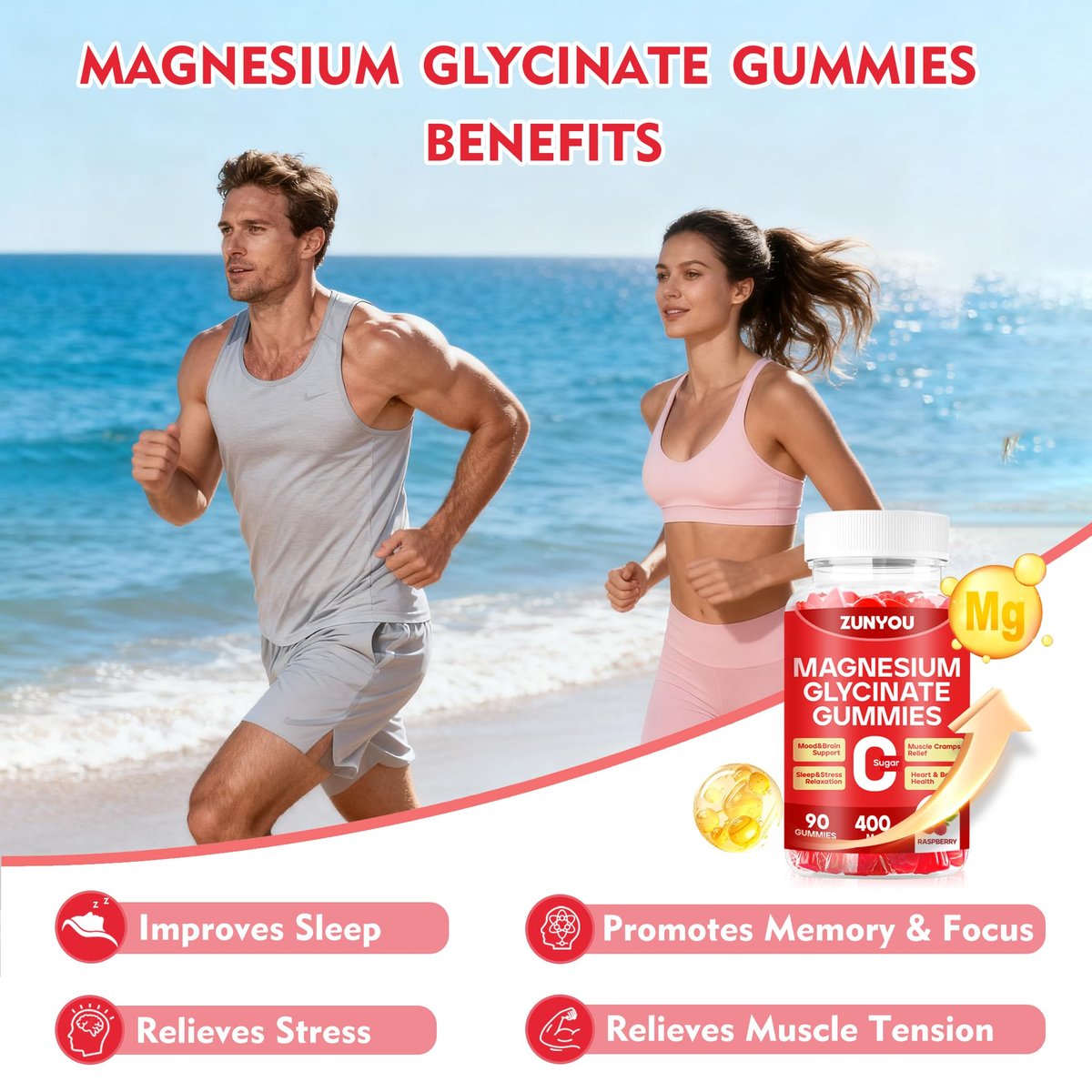 Magnesiumglycinat Gummibärchen 400mg – Zuckerfreie Magnesium Gummis für Schlaf, Muskelunterstützung und Entspannung – Beruhigendes Magnesium für Frauen und Männer, 90 Stück