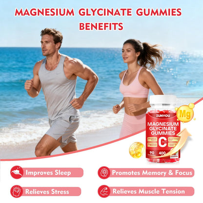 Magnesiumglycinat Gummibärchen 400mg – Zuckerfreie Magnesium Gummis für Schlaf, Muskelunterstützung und Entspannung – Beruhigendes Magnesium für Frauen und Männer, 90 Stück