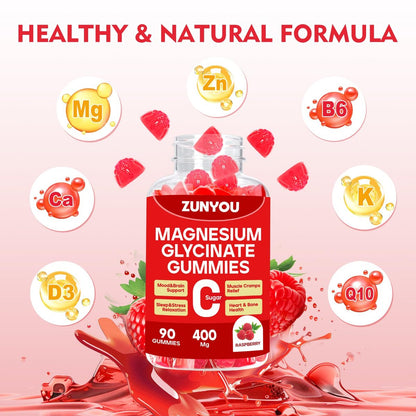 Magnesiumglycinat Gummibärchen 400mg – Zuckerfreie Magnesium Gummis für Schlaf, Muskelunterstützung und Entspannung – Beruhigendes Magnesium für Frauen und Männer, 90 Stück