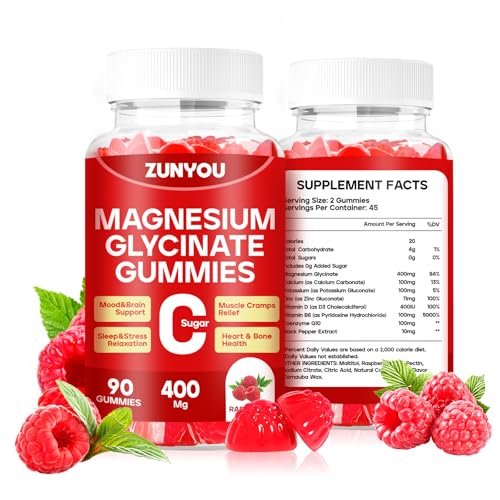 Magnesiumglycinat Gummibärchen 400mg – Zuckerfreie Magnesium Gummis für Schlaf, Muskelunterstützung und Entspannung – Beruhigendes Magnesium für Frauen und Männer, 90 Stück