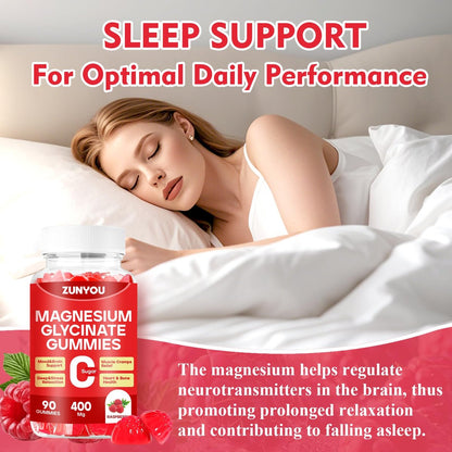 Magnesiumglycinat Gummibärchen 400mg – Zuckerfreie Magnesium Gummis für Schlaf, Muskelunterstützung und Entspannung – Beruhigendes Magnesium für Frauen und Männer, 90 Stück