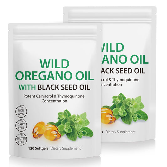 Oreganoöl mit Schwarzkümmelöl, 6000 mg Oreganoöl Kapseln Bio, Oreganoöl Nahrungsergänzungsmittel Kapseln, Natürliche Antioxidantien, Nicht-GVO, Glutenfrei, 120 Softgels (120 Stück (Packung mit 2))