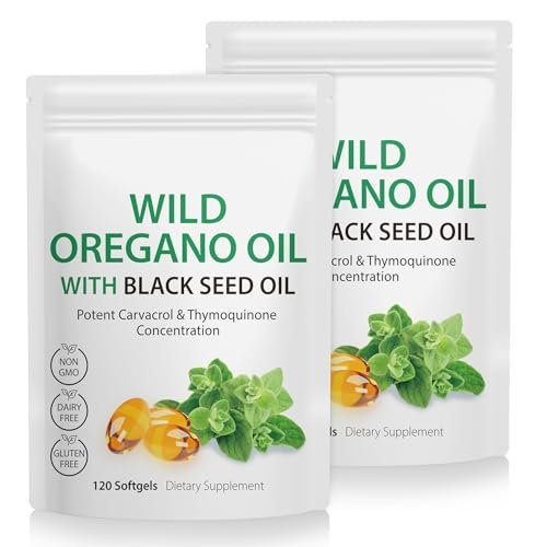 2er-Pack Oregano-Öl Weichkapseln, Oreganoöl Kapseln, 165 mg Carvacrol, 2-in-1 Oreganoöl mit Schwarzkümmelöl 200 mg, Oreganoöl Nahrungsergänzungsmittel
