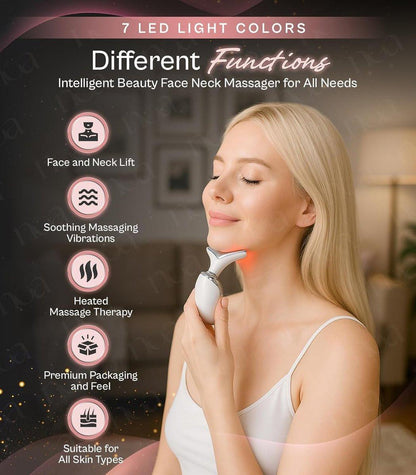 LuxeSkin 7-Farben-LED-Rotlicht-Therapie-Gesichtsmassagegerät für Gesicht und Hals, elektrisches Hautpflegegerät mit Vibration, Wärmemodus und Reisetasche