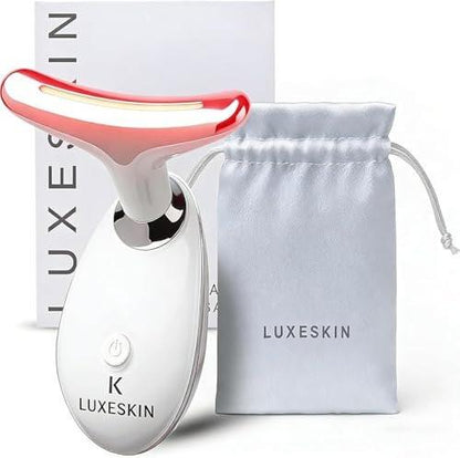LuxeSkin 7-Farben-LED-Rotlicht-Therapie-Gesichtsmassagegerät für Gesicht und Hals, elektrisches Hautpflegegerät mit Vibration, Wärmemodus und Reisetasche