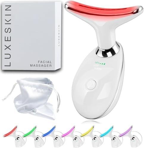 LuxeSkin 7-Farben-LED-Rotlicht-Therapie-Gesichtsmassagegerät für Gesicht und Hals, elektrisches Hautpflegegerät mit Vibration, Wärmemodus und Reisetasche