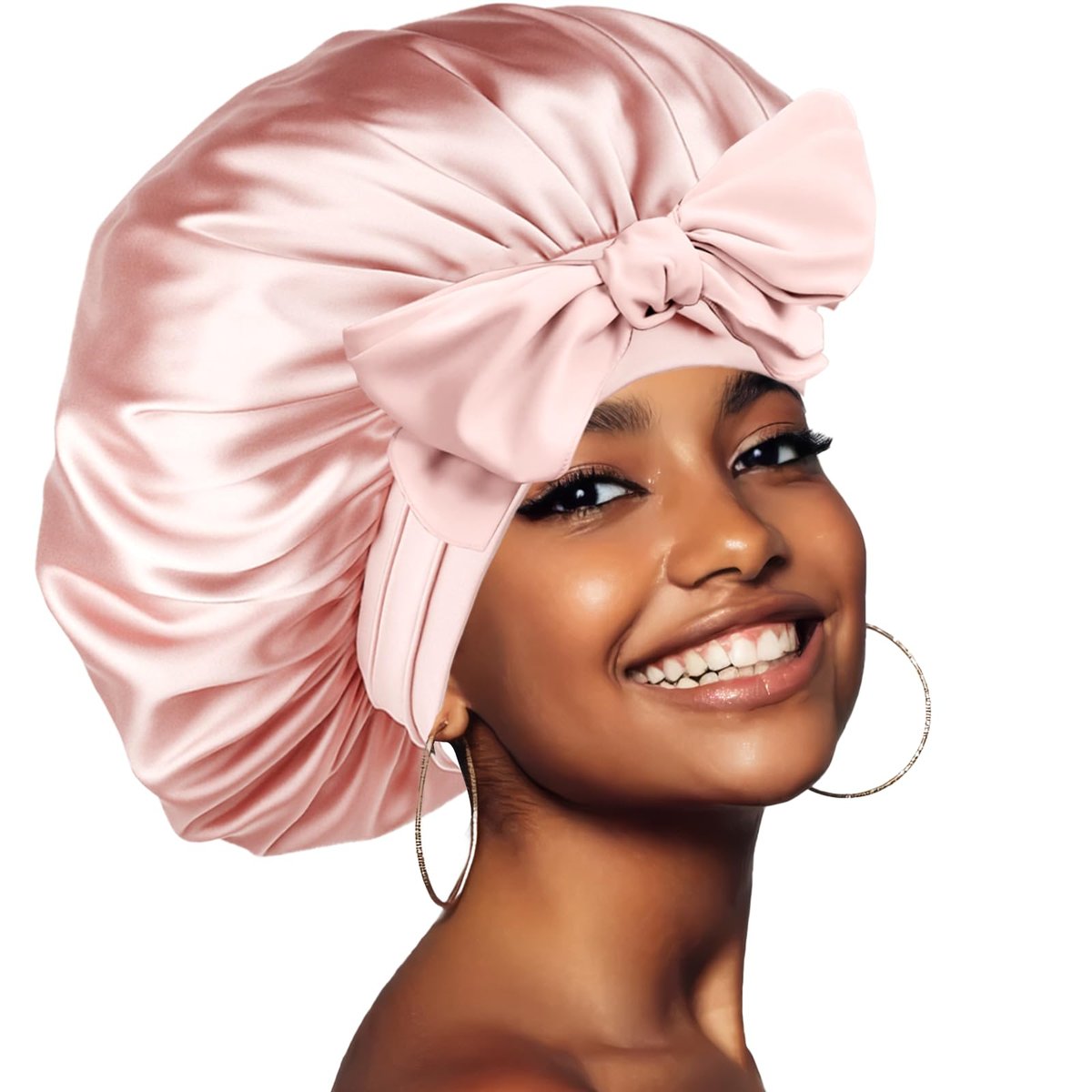 Seiden-Bonnet zum Schlafen, Satin-Bonnet mit Bindeband für Damen, Große Bonnets Mütze mit verstellbaren Riemen für lockiges Haar, Zöpfe, Pink, X-Large