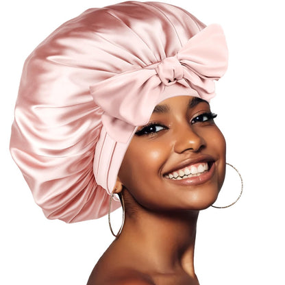 Seiden-Bonnet zum Schlafen, Satin-Bonnet mit Bindeband für Damen, Große Bonnets Mütze mit verstellbaren Riemen für lockiges Haar, Zöpfe, Pink, X-Large