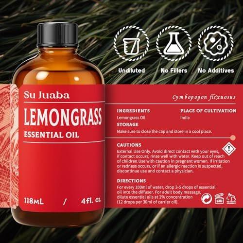 SU JUABA Zitronengras ätherisches Öl 118 ml – 100% rein natürlich für Diffuser, Hautpflege, Kerzenherstellung