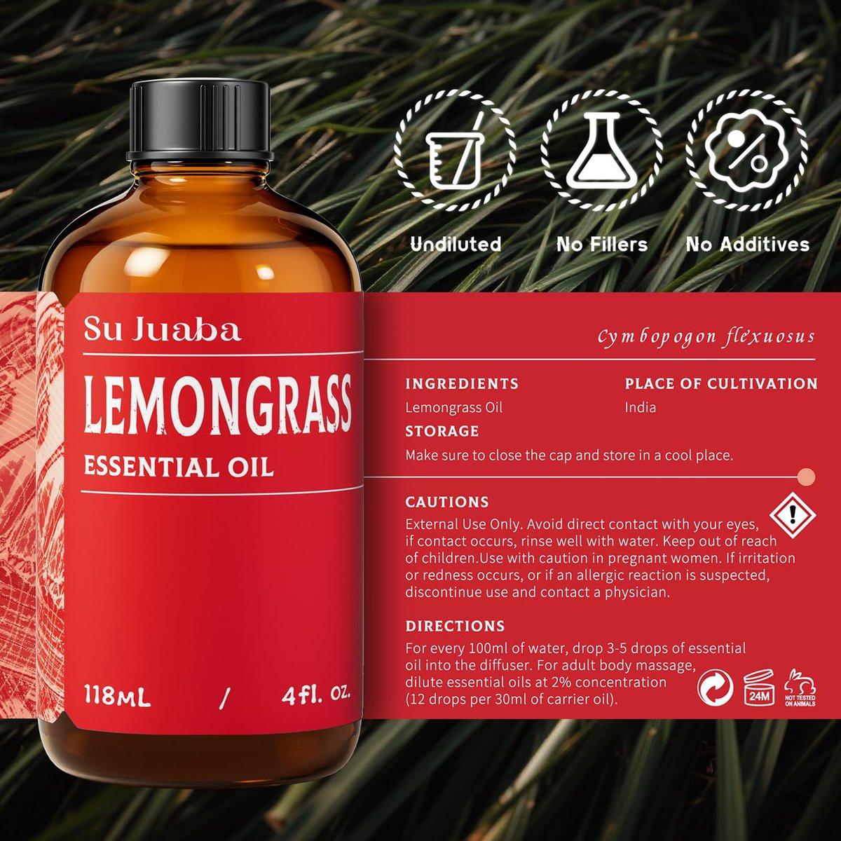 SU JUABA Zitronengras ätherisches Öl 118 ml – 100% rein natürlich für Diffuser, Hautpflege, Kerzenherstellung