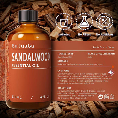 SU JUABA Sandelholzöl 118 ml – 100% natürliches Aromatherapieöl für Diffuser, Haut- und Haarpflege, DIY-Duft und Entspannung