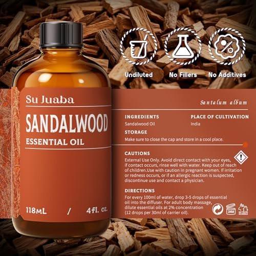 SU JUABA Sandelholzöl 118 ml – 100% natürliches Aromatherapieöl für Diffuser, Haut- und Haarpflege, DIY-Duft und Entspannung
